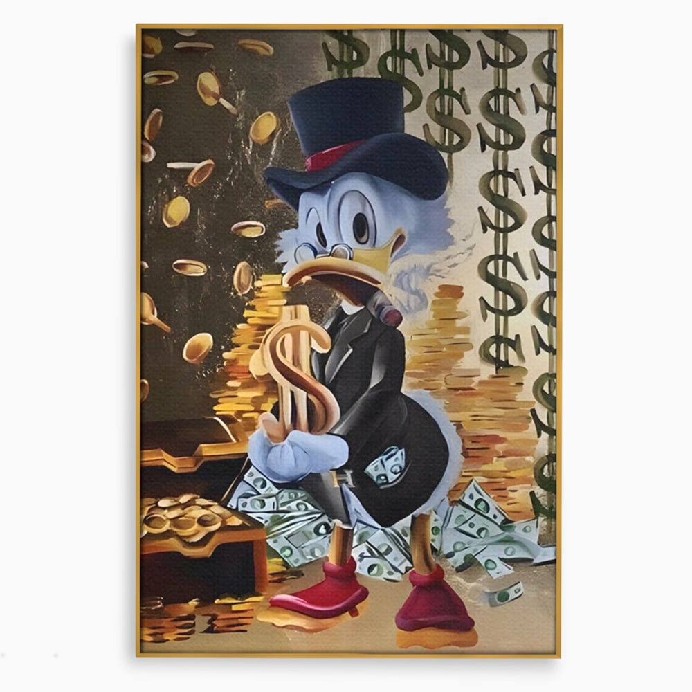 Tablou canvas cu tablou canvas cu scrooge duck si bani, in rama de aluminiu auriu